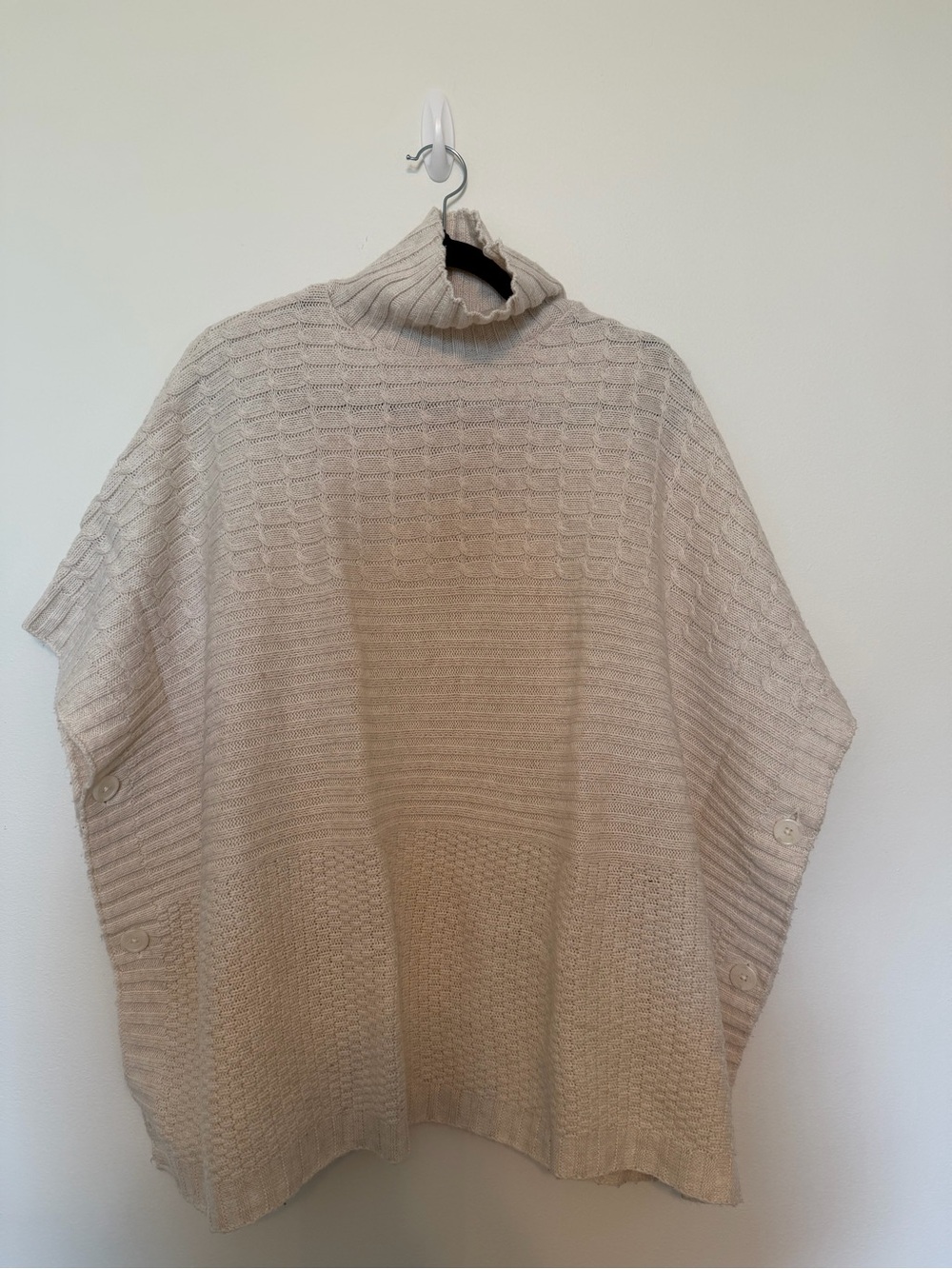 LoveCrazy Women’s XS Cream Cable Knit Turtleneck Poncho Cape Sweater Button Side